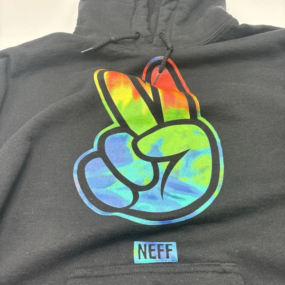 Neff Peace Sign Fingers Black Hoodie Size Medium Pullover Multicolor Graphic Pri